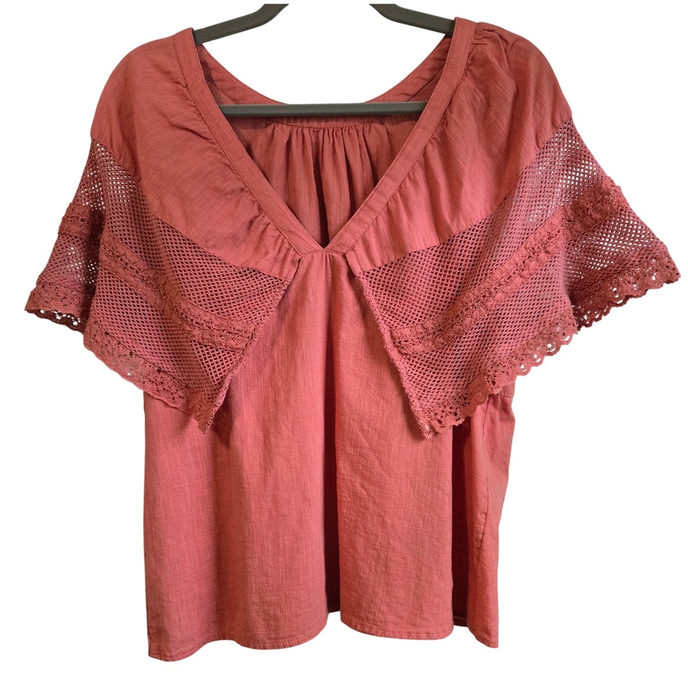Lucky Brand Boho Chic Coral Pink Crochet Lace Flutter Sleeve Cotton Blouse Top M